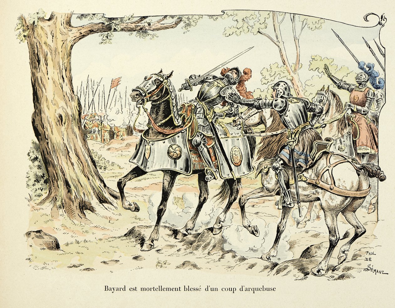 插图取自 Theodore Cahu 的“Histoire du chevalier Bayard”一书，由 Paul De Semant（1855-1915 年）绘制：Bayard 在 1524 年用火绳枪造成致命伤 作者 保罗·德·塞曼特