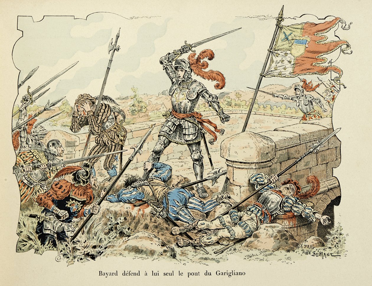 插图取自 Theodore Cahu 的“Histoire du chevalier Bayard”一书，由 Paul De Semant（1855-1915 年）绘制：Bayard 仅保卫加里利亚诺桥 1504 作者 保罗·德·塞曼特