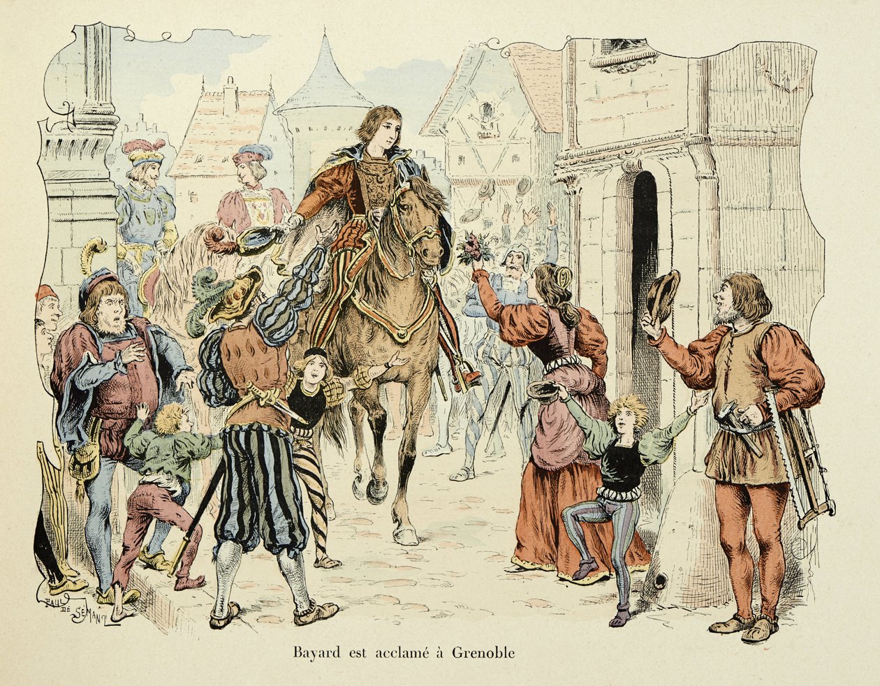 插图取自 Theodore Cahu 的“Histoire du chevalier Bayard”一书，由 Paul De Semant（1855-1915 年）绘制：Bayard 在格勒诺布尔的喝彩 作者 保罗·德·塞曼特