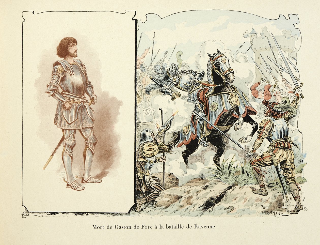 插图取自 Theodore Cahu 的“Histoire du chevalier Bayard”一书，由 Paul De Semant（1855-1915）绘制：拉文纳战役中的 Gaston de Foix（1489-1512）之死 作者 保罗·德·塞曼特