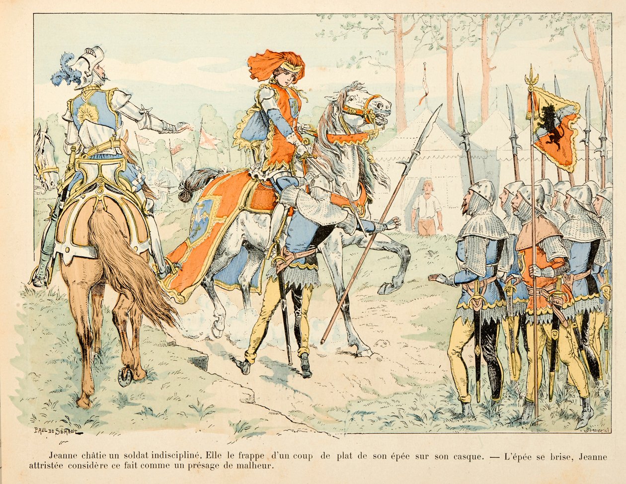 插图取自西奥多·卡胡 (Theodore Cahu) 的《圣女贞德》一书，由保罗·德·塞曼 (Paul De Semant，1855-1915 年) 绘制：圣女贞德与一名无纪律的士兵聊天 作者 保罗·德·塞曼特