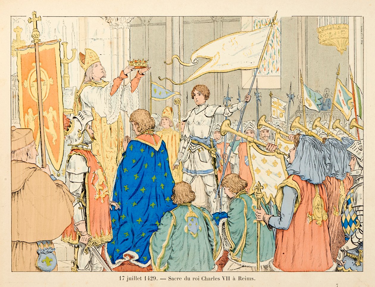 插图取自 Theodore Cahu 的《圣女贞德》一书，由 Paul De Semant（1855-1915）绘制：7 月 17 日在兰斯的查理七世国王的圣地 作者 保罗·德·塞曼特