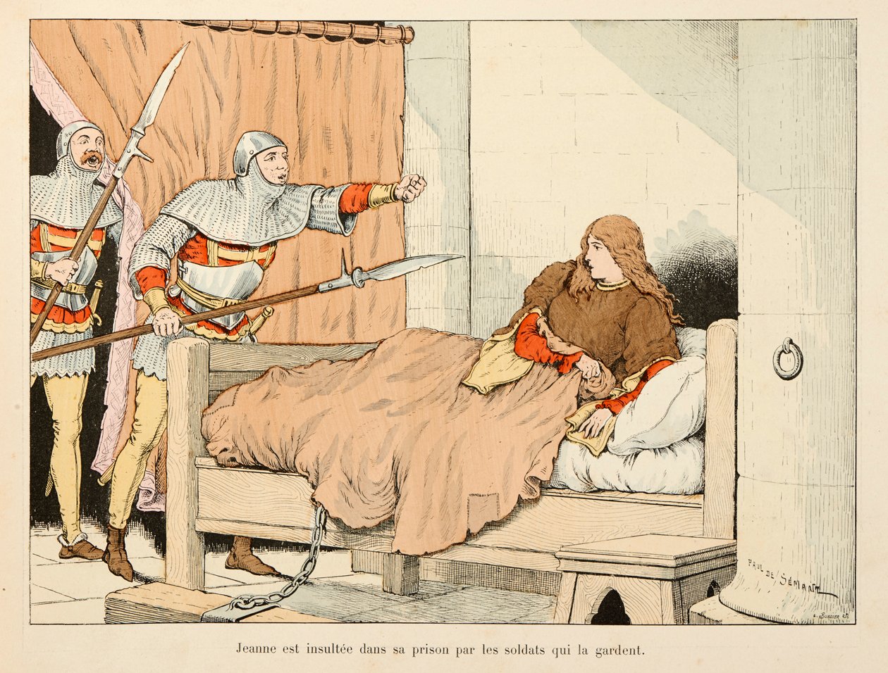 插图取自西奥多·卡胡 (Theodore Cahu) 的《圣女贞德》一书，由保罗·德·塞曼特 (Paul De Semant)（1855-1915 年）绘制：圣女贞德在监狱中遭到士兵的侮辱 作者 保罗·德·塞曼特