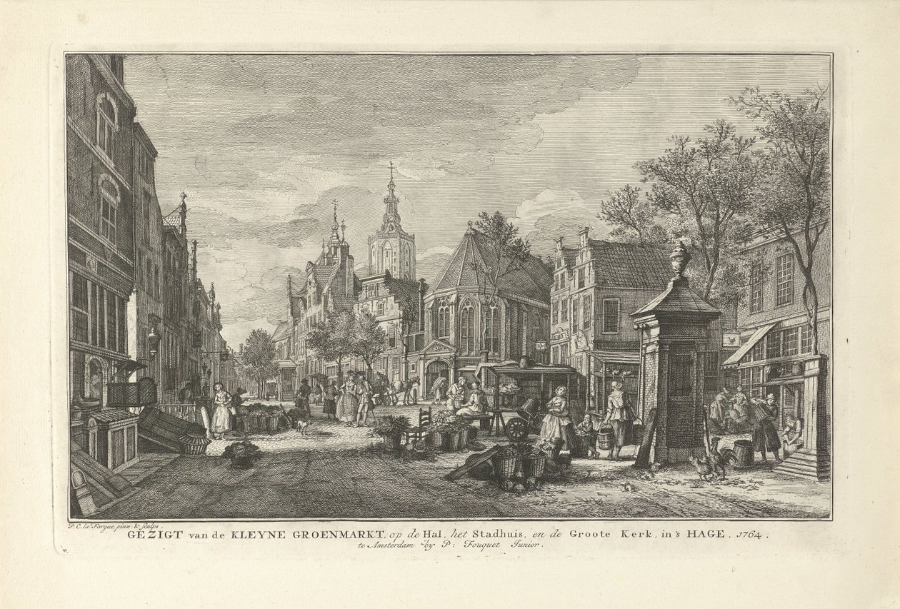 海牙每日绿色市场景观
从 Kleyne Groenmarkt 观看海牙的大厅、市政厅和 Groote Kerk（标题见实物）
海牙八景（系列标题） 作者 保卢斯·康斯坦丁·法格