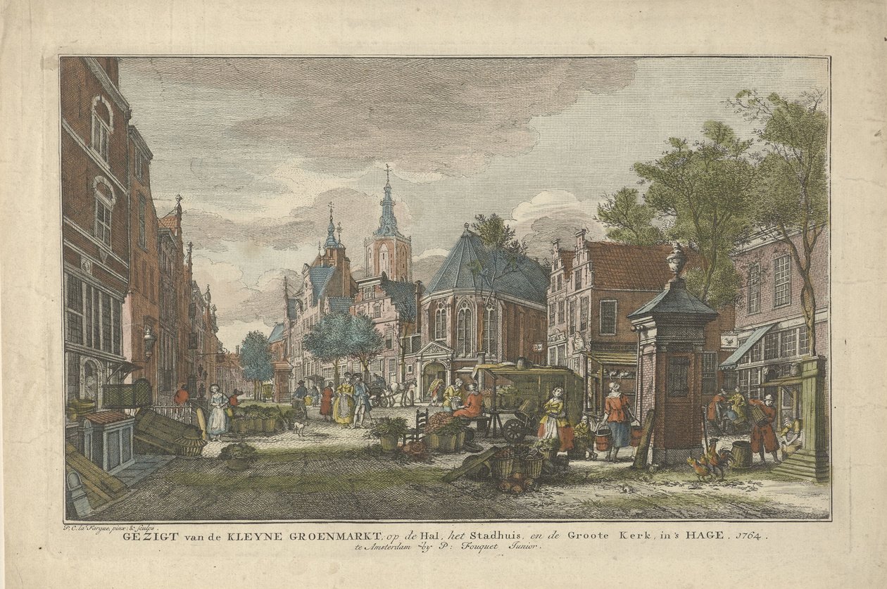 海牙每日绿色市场景观
从 Kleyne Groenmarkt 观看海牙的大厅、市政厅和 Groote Kerk（标题见实物）
海牙八景（系列标题） 作者 保卢斯·康斯坦丁·法格