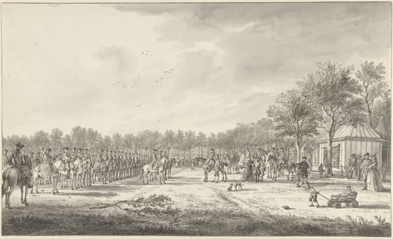 威廉五世亲王在海牙 Malieveld 上的骑兵表演，1770 年 作者 保卢斯·康斯坦丁·法格