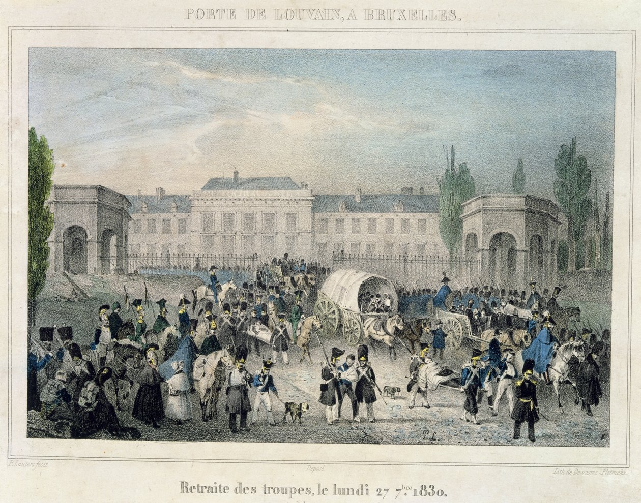 布鲁塞尔Porte de Louvain：荷兰军队的撤退，1830年9月27日，由Dewasme-Pletinckx雕刻 作者 保罗·劳特斯