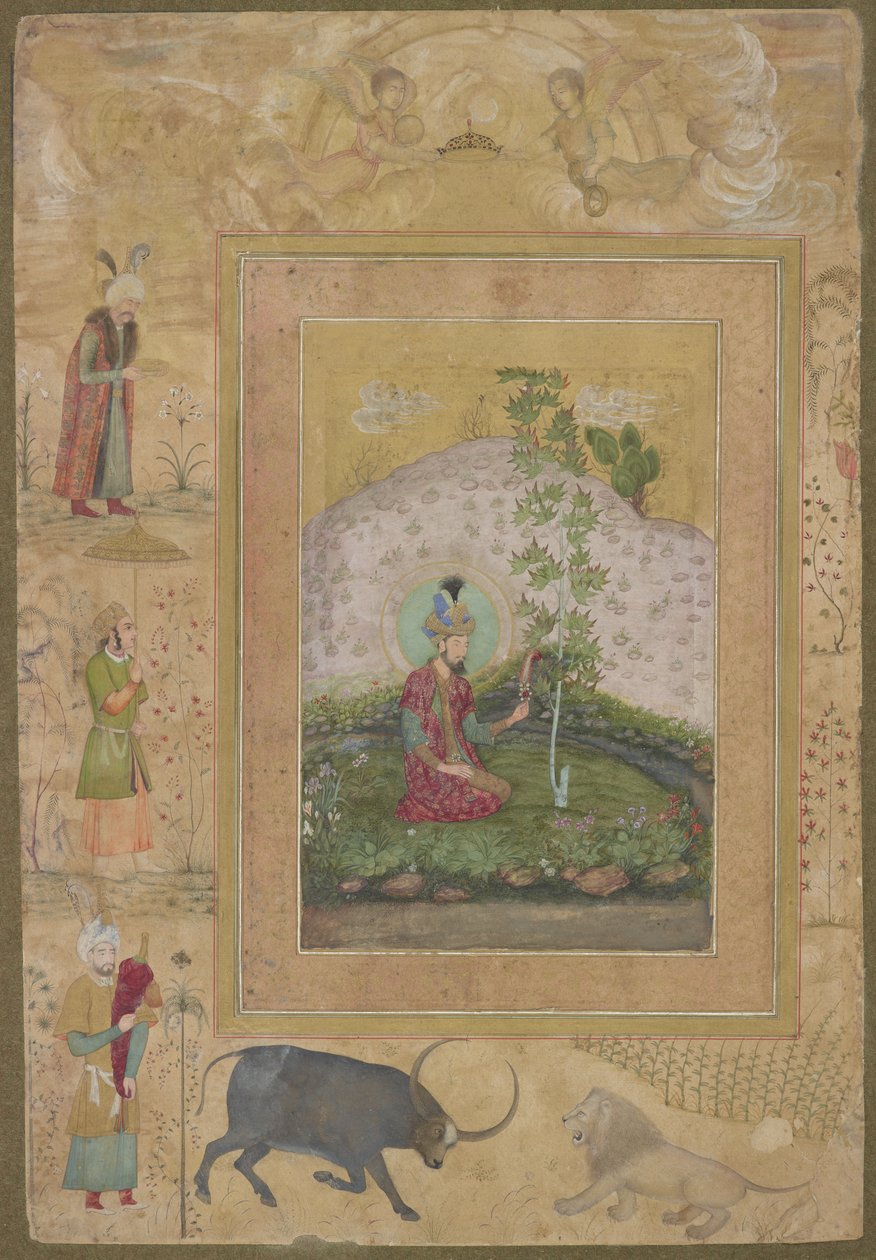 Humayun坐在风景中，来自已故的Shah Jahan专辑，独立专辑对开，1650年 作者 帕亚格