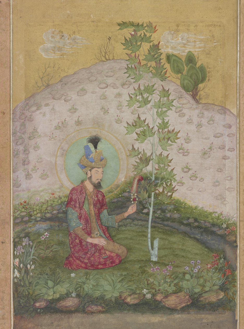 Humayun的细节坐在风景中，来自Shah Jahan专辑，c.1650（wc，墨水和黄金在纸上） 作者 帕亚格