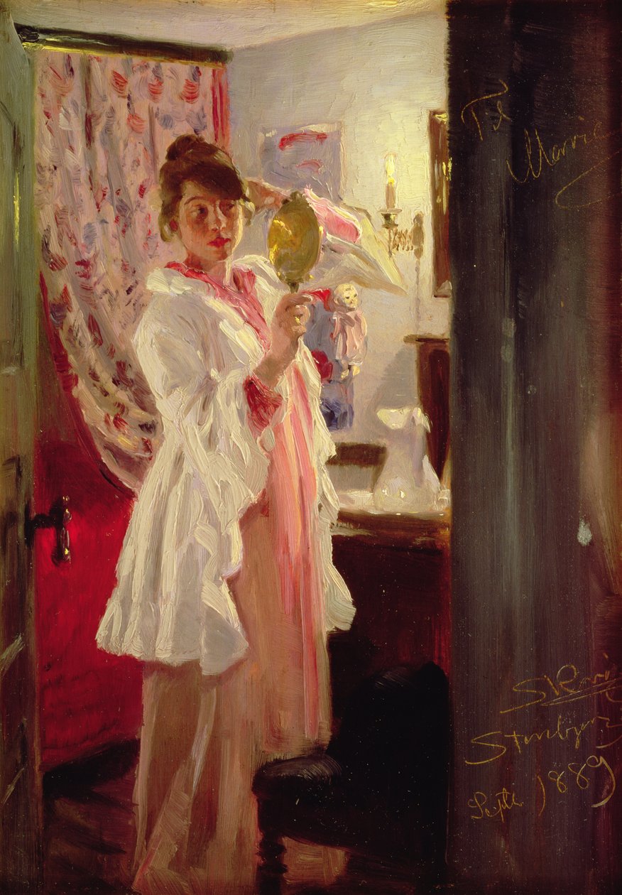 内部与艺术家的妻子，1889年（面板） 作者 Peder Severin Krøyer