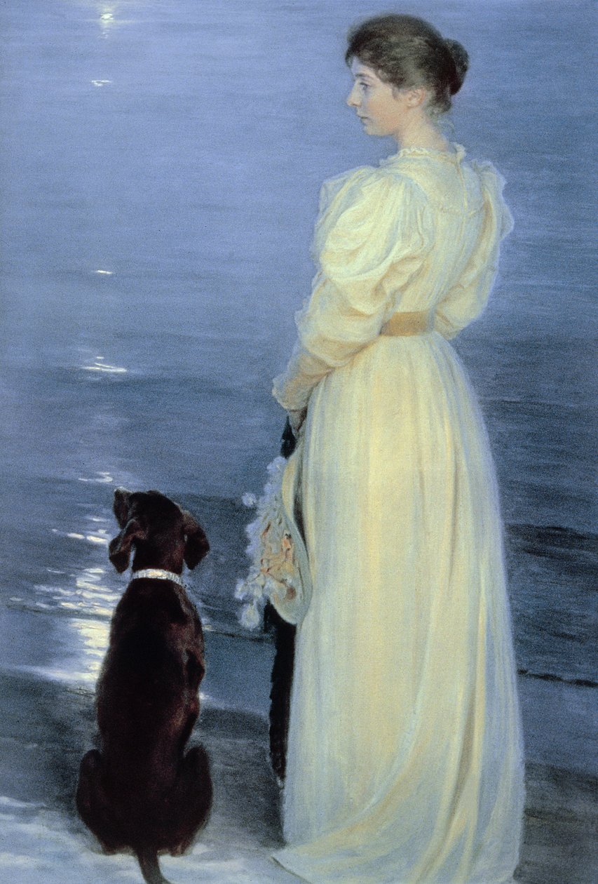 夏天的傍晚在斯卡恩，艺术家的妻子与一只狗在海滩上，1892年 作者 Peder Severin Krøyer