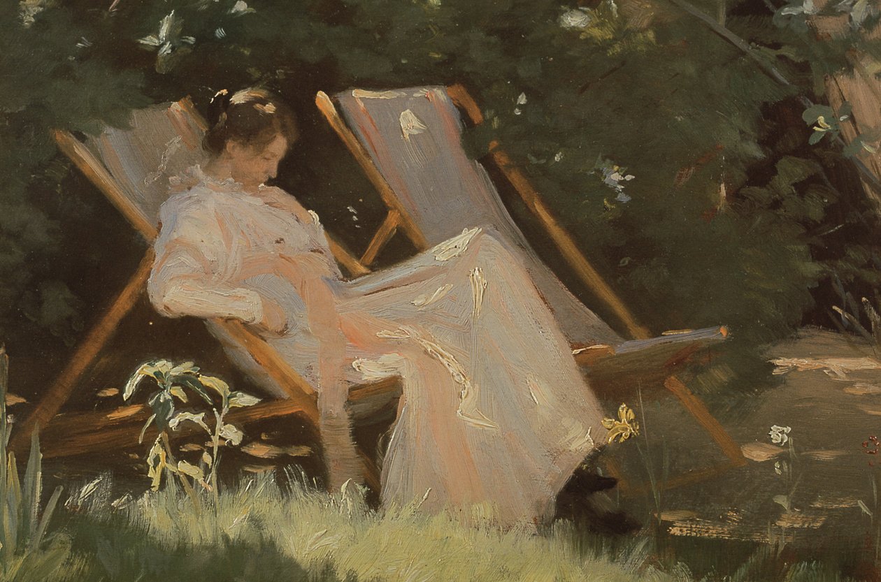 这位艺术家的妻子坐在1893年斯卡恩的花园椅上 作者 Peder Severin Krøyer