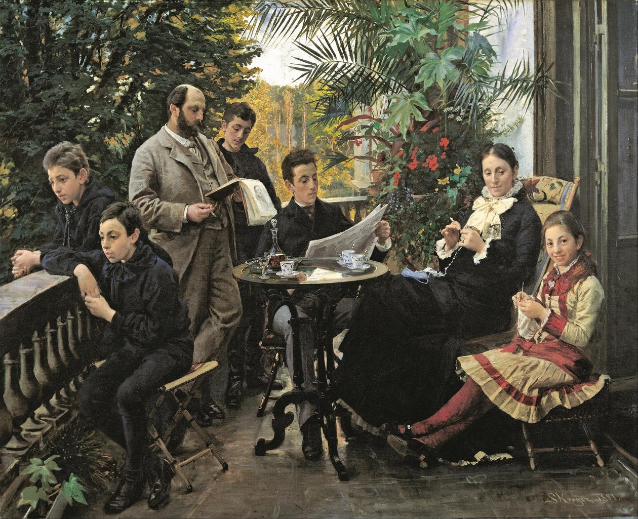 Hirschsprung全家福。从左边是Ivar，Aage，Heinrich，Oscar，Robert，Pauline和Ell ...... 作者 Peder Severin Krøyer