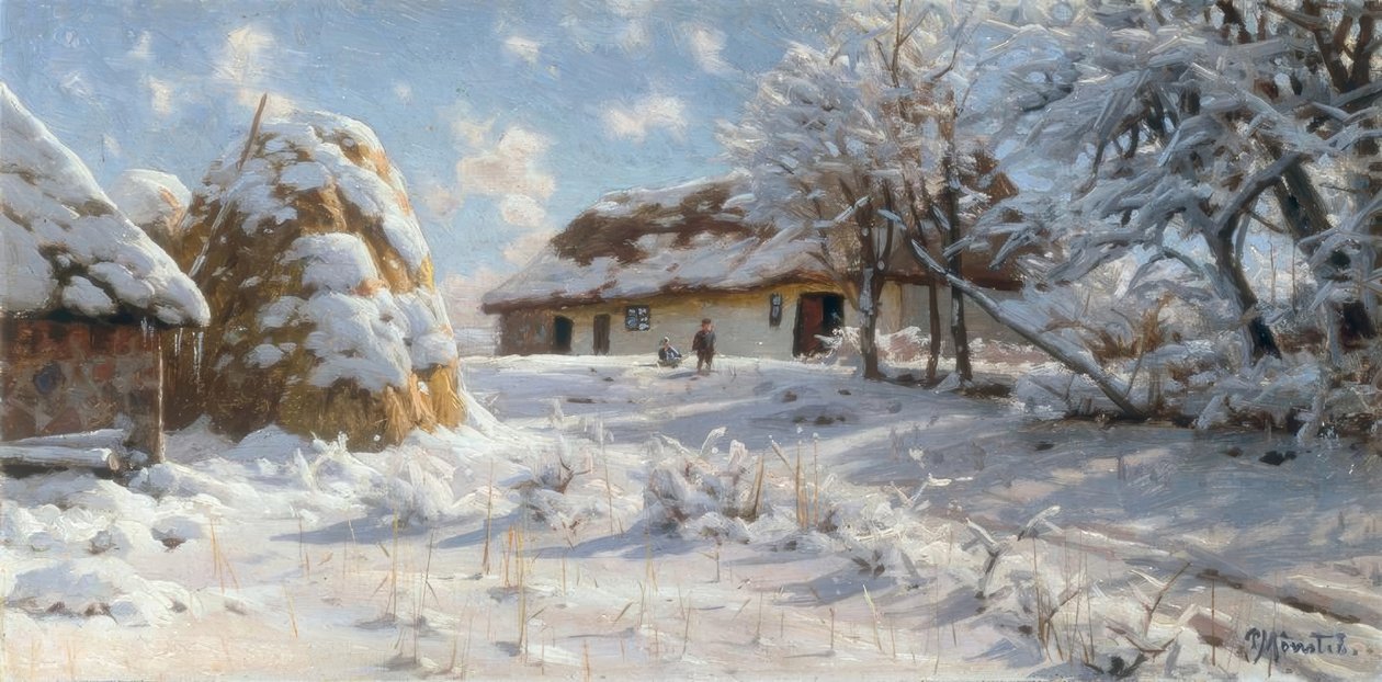 白雪皑皑的乡村景观与雪橇儿童 作者 佩德·蒙斯特