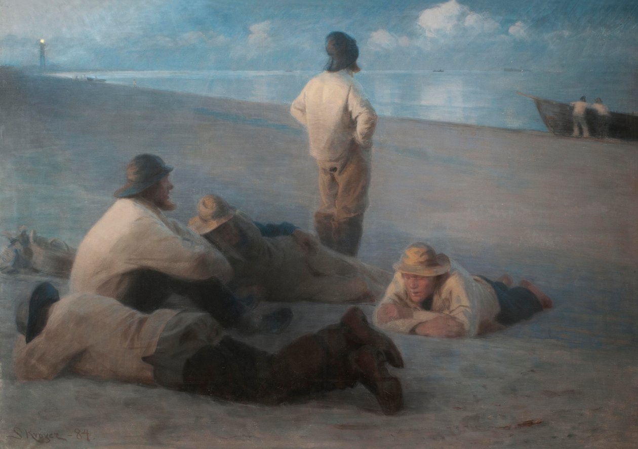 1884年斯卡恩海滩上的夏日傍晚（画布上的粉彩） 作者 Peder Severin Krøyer