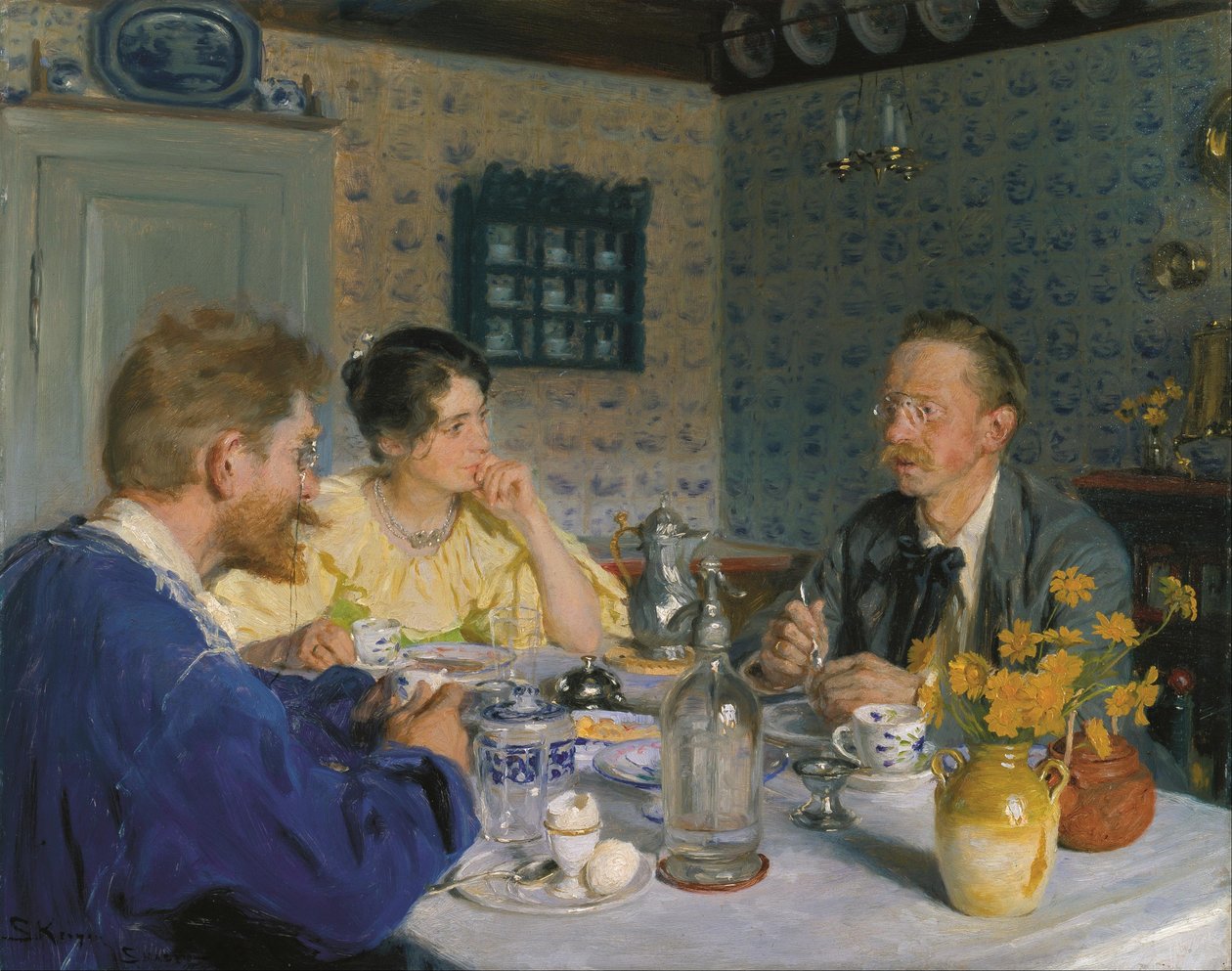 一顿早餐艺术家、他的妻子和作家奥托-本松。 作者 Peder Severin Krøyer