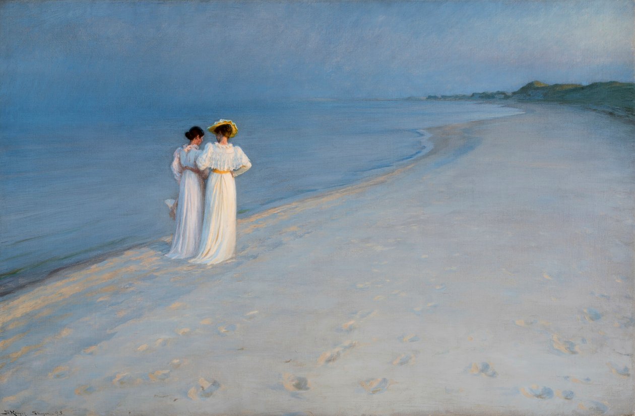 斯卡根南部海滩上的宁静夜晚，1893年。 作者 Peder Severin Krøyer