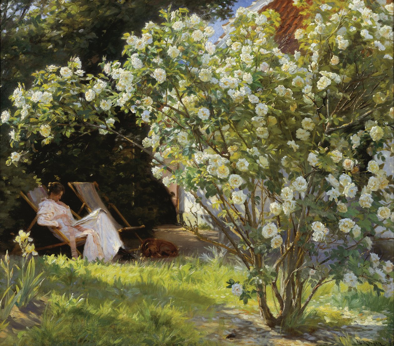 玫瑰玛丽·克罗耶（MarieKrøyer）坐在本森夫人家的花园的躺椅上 作者 Peder Severin Krøyer