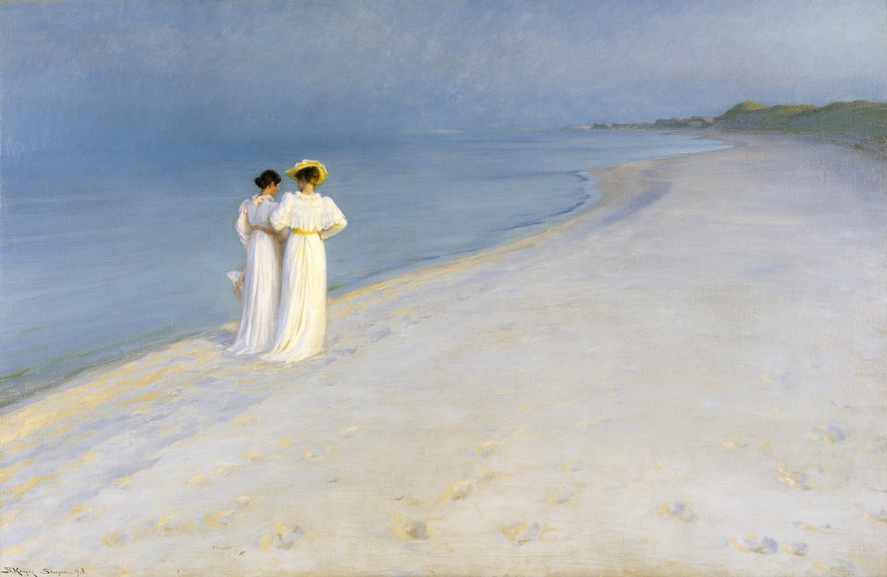 夏天在斯卡恩的海滩上。安娜·安彻（Anna Ancher）和玛丽·克罗耶（MarieKrøyer）一起散步 作者 Peder Severin Krøyer