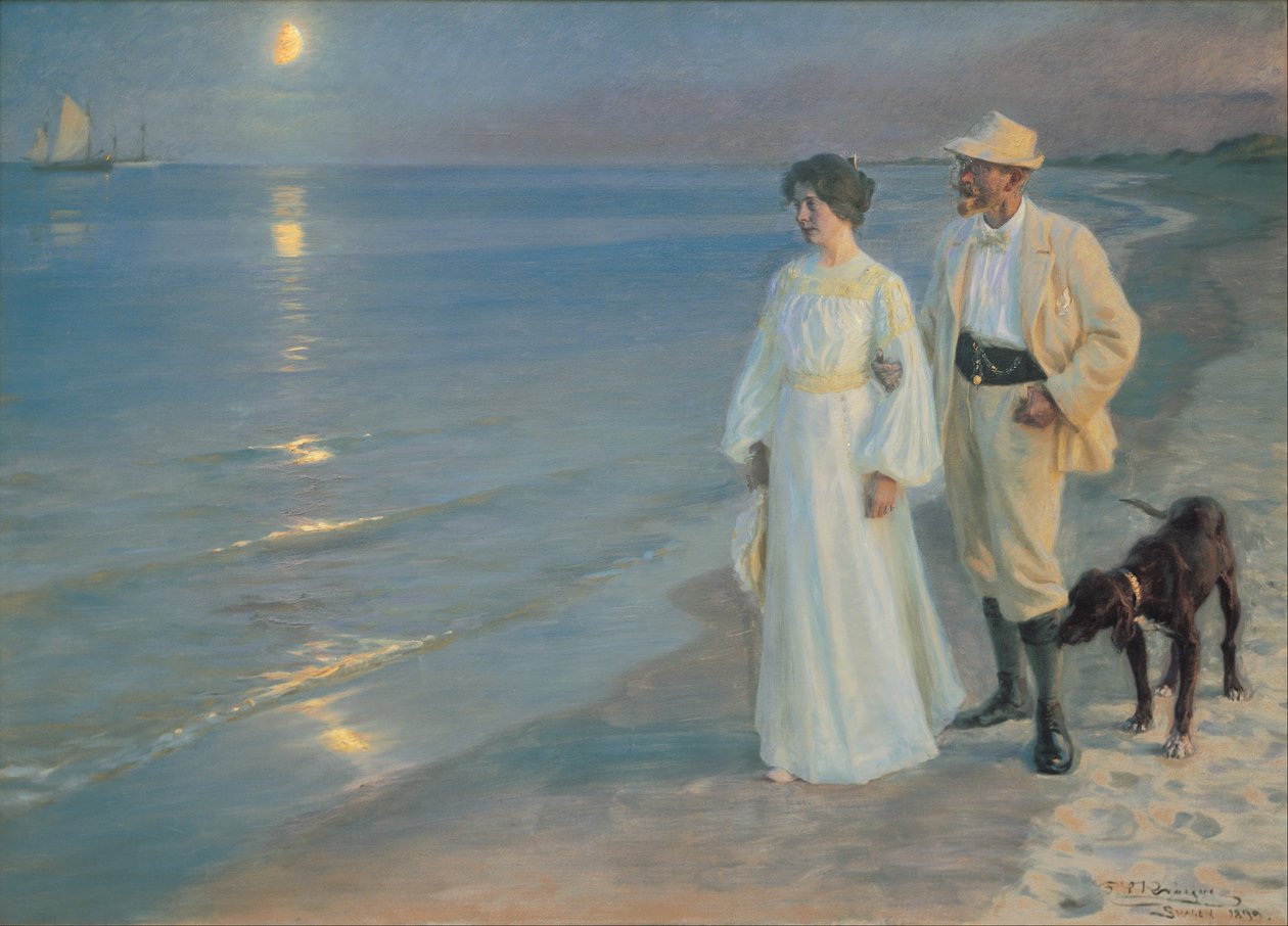 在斯卡恩在海滩上的夏天晚上。画家和他的妻子 作者 Peder Severin Krøyer