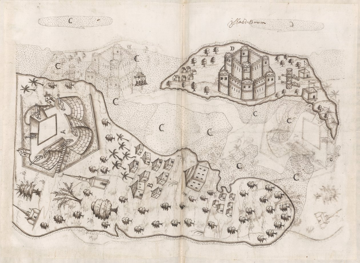 葡萄牙的巴林群岛平面图，Livro do Estado da India Oriental of Pedro Barreto de Resende，Sloane MS 197，f.165v-166r（纸上钢笔和墨水）。 作者 佩德罗·巴雷托·德·雷森德