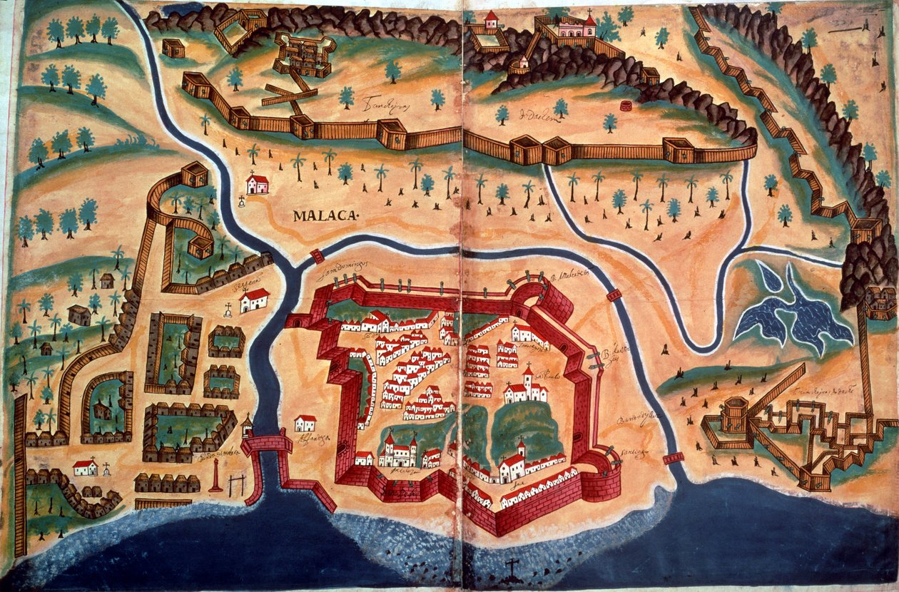 Sloane 197，ff.381v-382r：马六甲市平面图，摘自《Livro do Estado de India Oriental 作者 佩德罗·巴雷托·德·雷森德