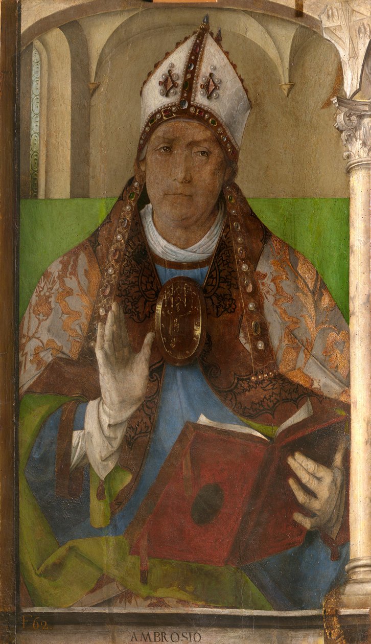 Ambroise de Milan (vers 340-397) - Saint Ambrose, Archbishop of Milan par Berruguete, Pedro (1450-1503)。木板油画，尺寸：117x65，约 1473-1475 年，马尔凯国家美术馆，乌尔比诺 作者 佩德罗·贝鲁格特