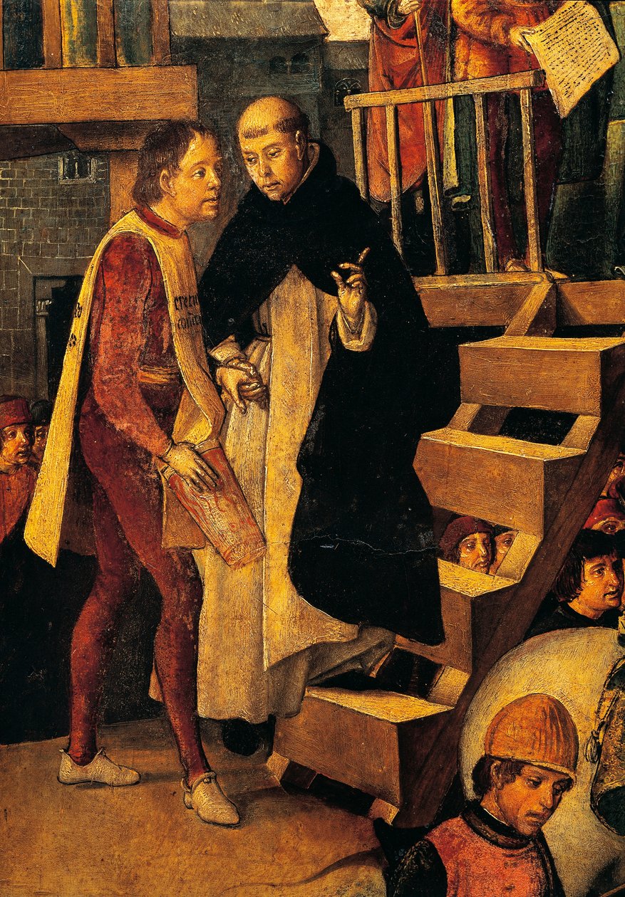 被判刑者前往宗教法庭，佩德罗-贝鲁古埃特（Pedro Berruguete，约 1450 年-约 1504 年）所作《圣多梅尼科-古斯曼主持的 Autodafe》中的细节 作者 佩德罗·贝鲁格特