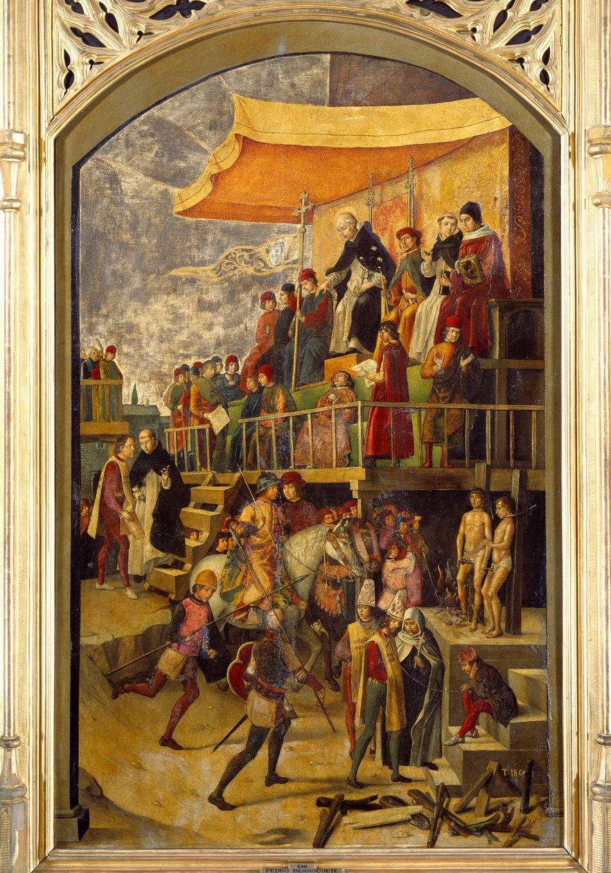 Inquisition “” Autodafe presides by Saint Dominica de Guzman (1170-1221), founder of the Dominican Order”” Painting on wood by Pedro Berruguete (1450-1504) 1495 Sun. 1,54x0,92 m Madrid, Musee du Prado 作者 佩德罗·贝鲁格特