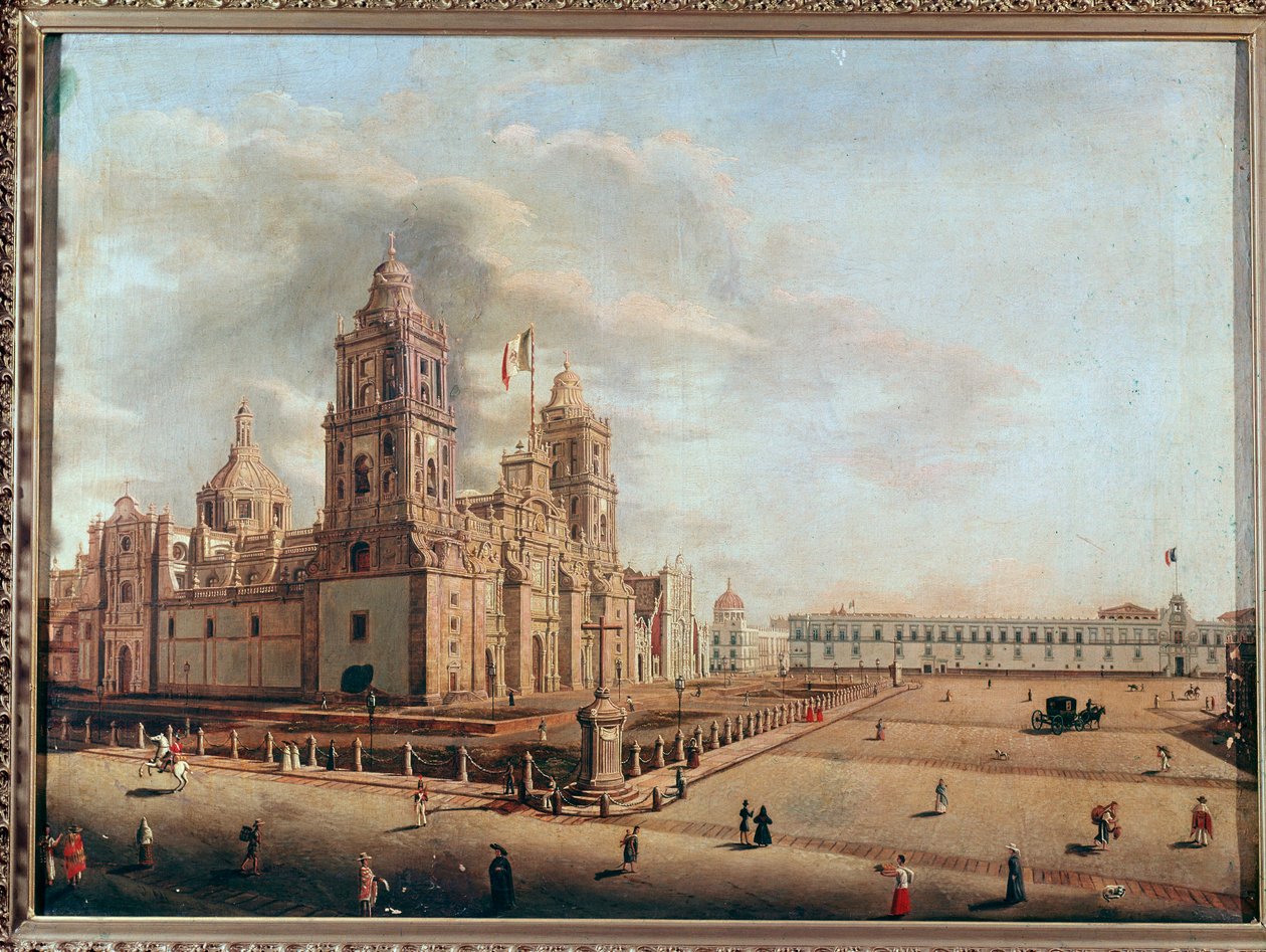 墨西哥城大都会大教堂和国家宫景观 佩德罗-瓜尔迪（1809-1857）的画作 墨西哥城，国家历史博物馆，查普尔特佩克城堡 作者 佩德罗·瓜迪（Pedro Gualdi）