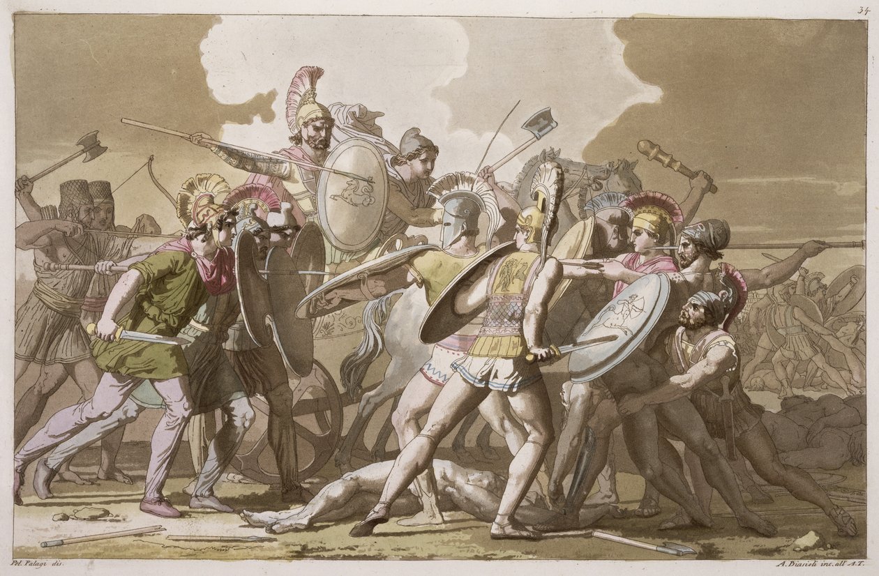 希腊人和特洛伊人战斗帕特洛克勒斯的身体，来自Jules Ferrario的&39;Le Costume Ancien et Moderne&39;牌照34，由Angelo Biasioli（1790-1830）镌刻出版于1820年代至30年代 作者 百乐宫帕拉吉
