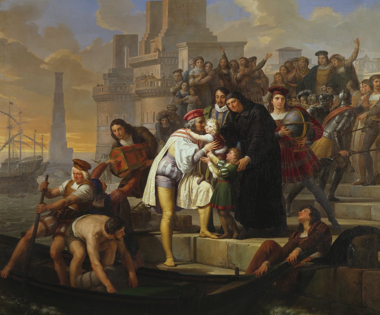 克里斯托弗·哥伦布 (Christopher Columbus) 拥抱他的两个儿子并将他们推荐给乔瓦尼·佩雷斯神父，然后离开帕洛斯前往探索美洲 作者 百乐宫帕拉吉