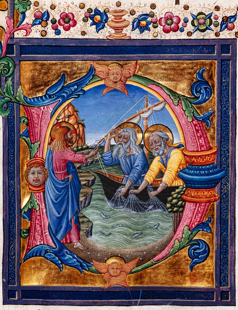 Piccolomini 图书馆：唱诗班手册，cod.11.M, ff.4rwith "Calling of St.细节。 作者 佩莱格里诺迪马里亚诺