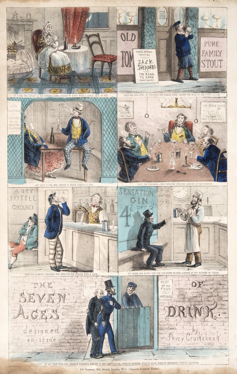 饮酒的七个时代，pub.c。 1872（手工彩色雕刻） 作者 珀西·克鲁克申克