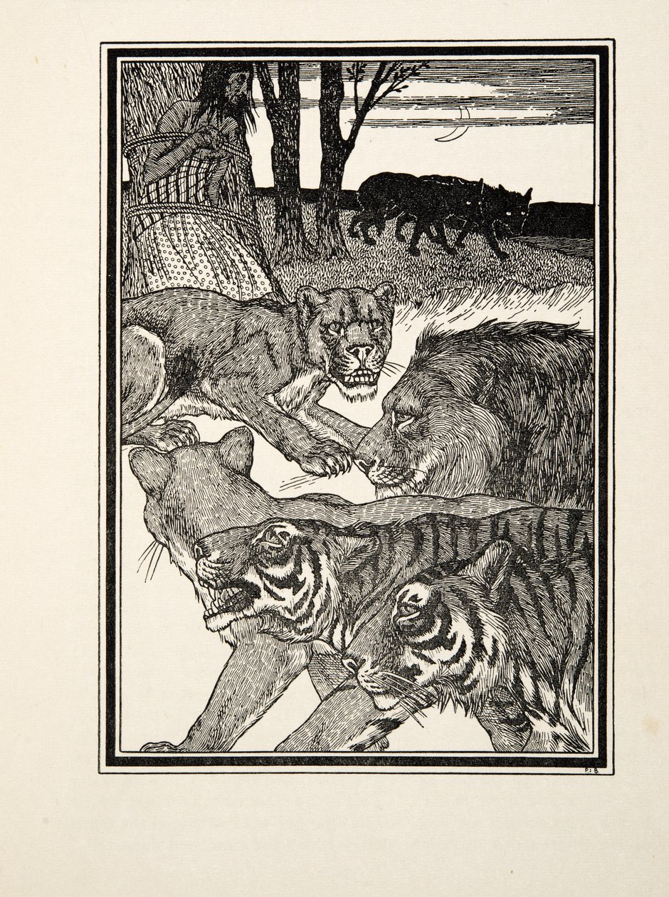 一只感恩的母狮，出自《百种动物轶事》，出版。1924年（雕刻）。 作者 珀西·比林斯赫斯特（Percy J.