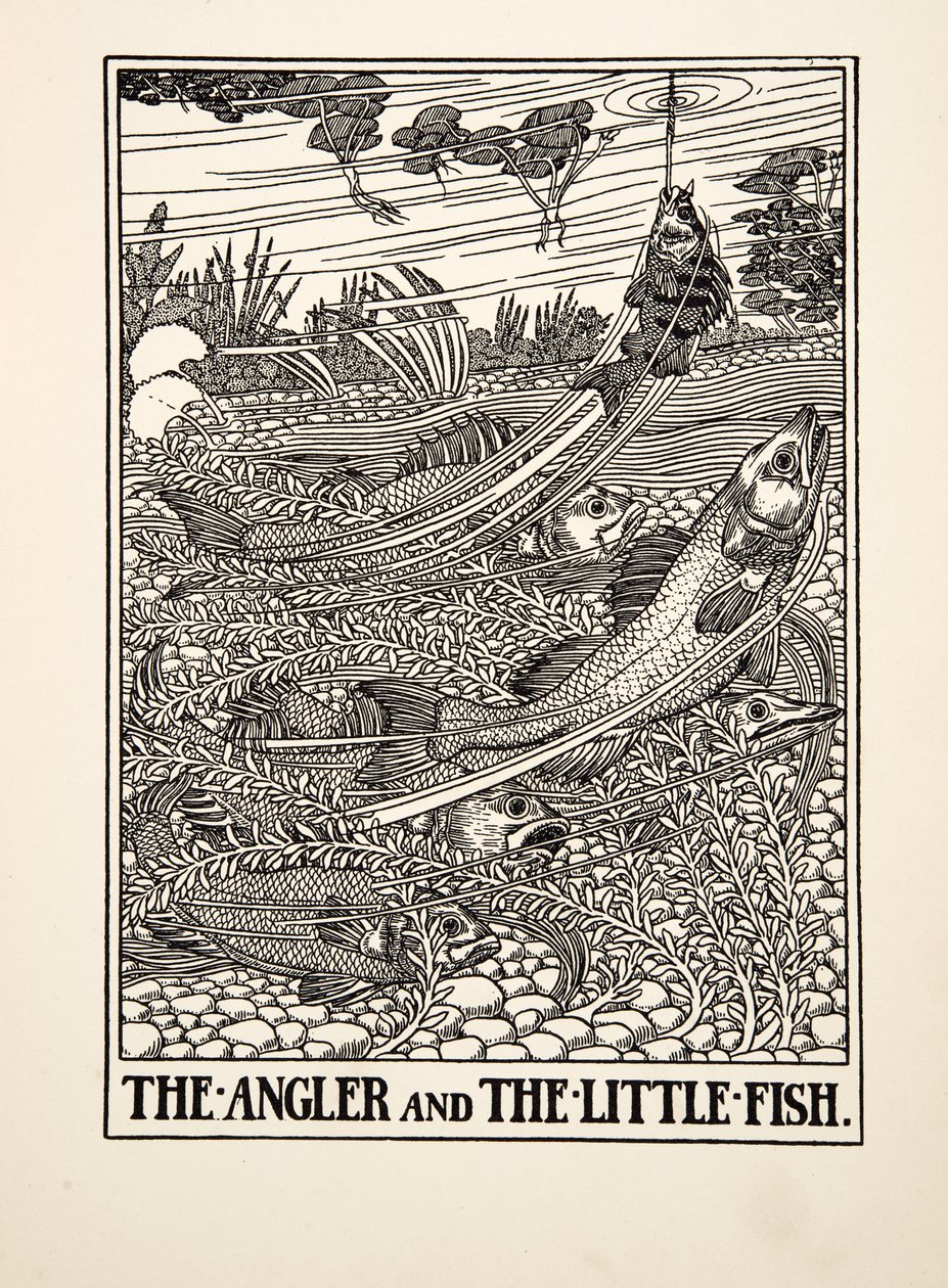 钓鱼者和小鱼》，选自《伊索的一百个寓言》，1903年出版（版画）。 作者 珀西·比林斯赫斯特（Percy J.