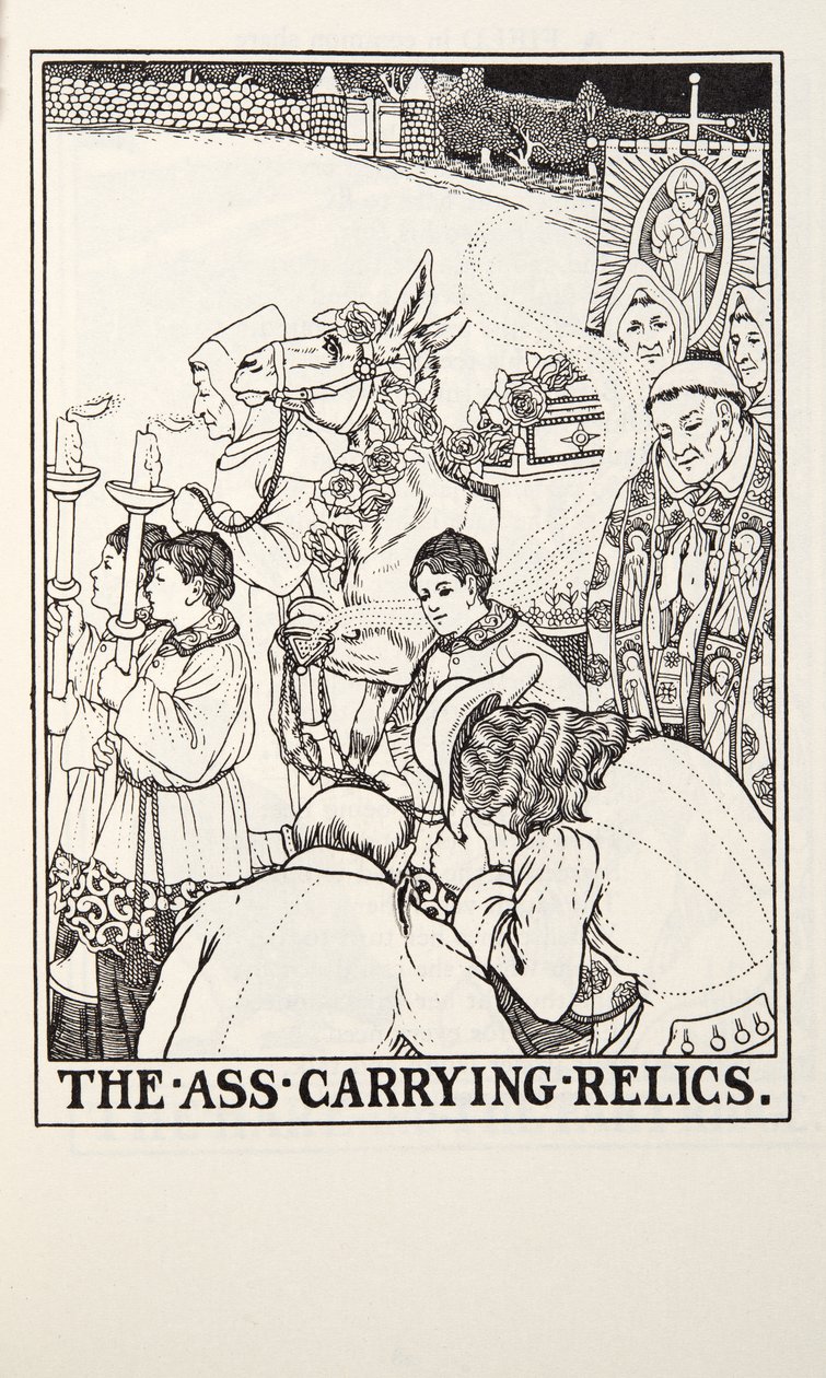 搬运遗物的驴子，来自方丹的寓言，出版。1905年（雕版画 作者 珀西·比林斯赫斯特（Percy J.
