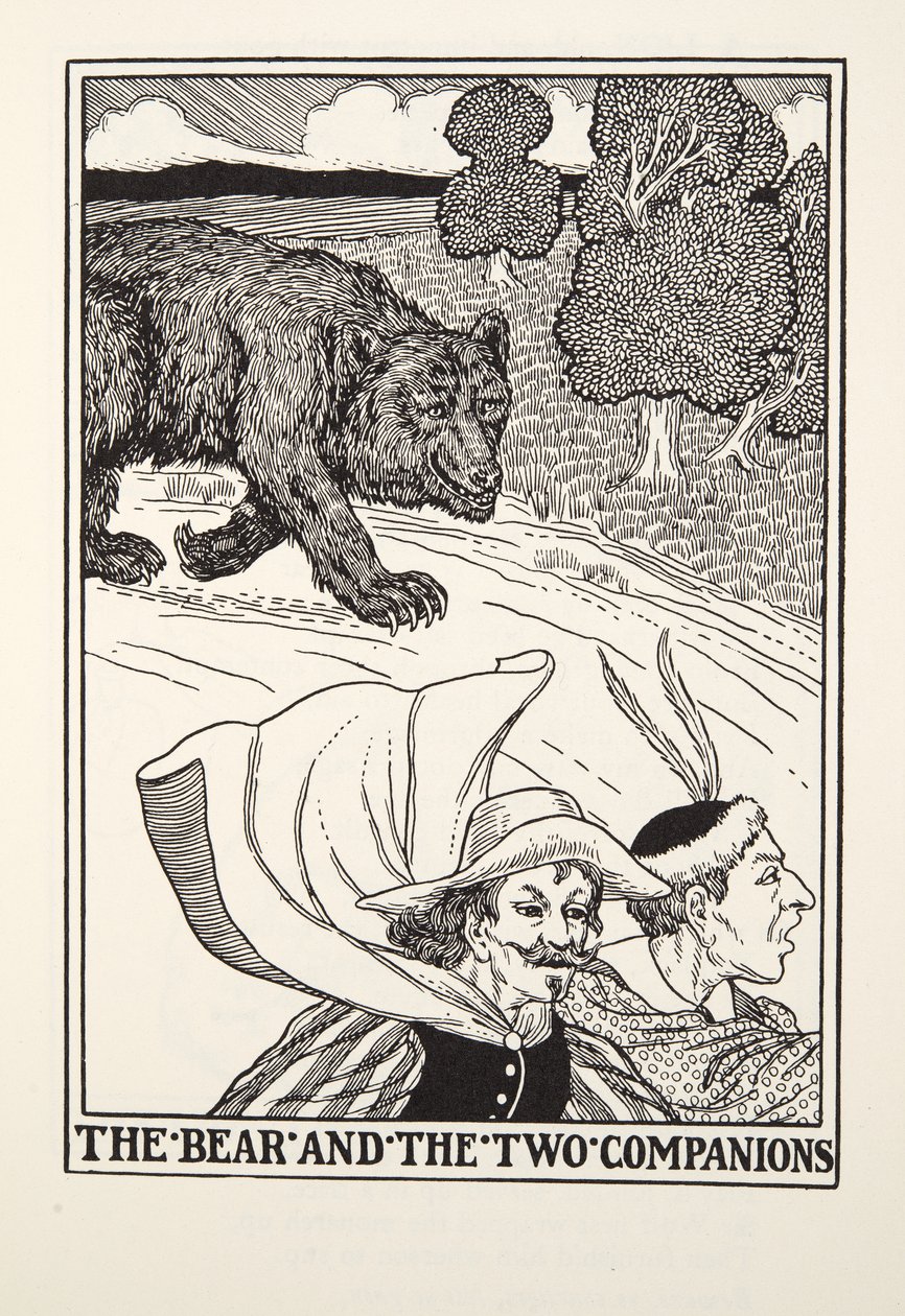 熊和两个同伴，来自Fontaine寓言，出版。1905年（雕版画 作者 珀西·比林斯赫斯特（Percy J.