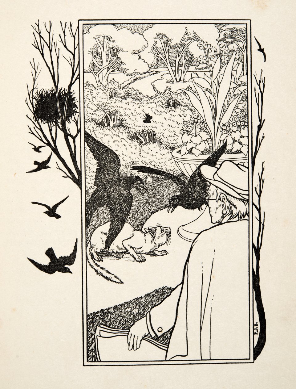 猫和乌鸦，出自《百种动物轶事》，出版。1924年（雕刻）。 作者 珀西·比林斯赫斯特（Percy J.