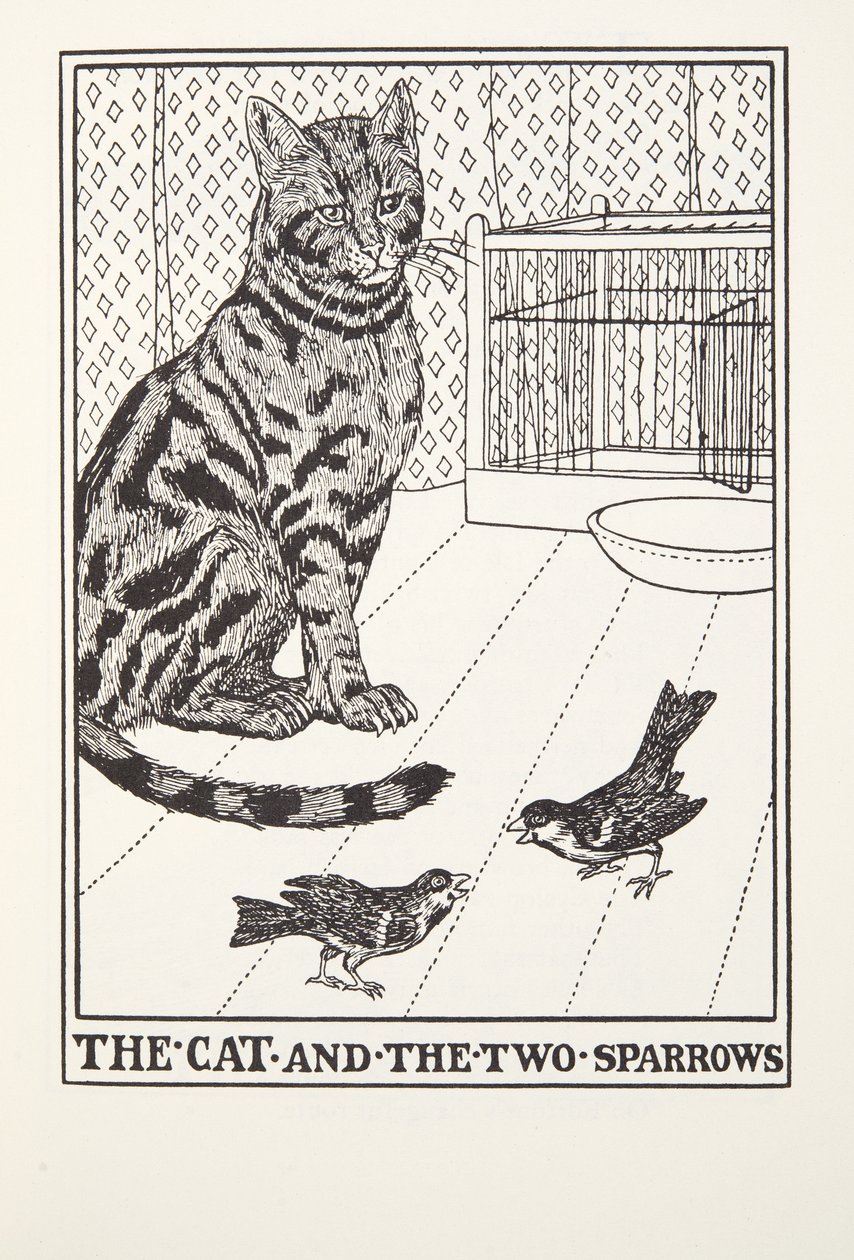 猫和两只麻雀，来自Fontaine Fables，酒吧。 1905年 作者 珀西·比林斯赫斯特（Percy J.