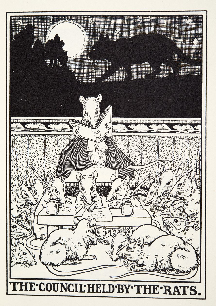理事会由来自Fontaine Fables酒吧的老鼠举办。 1905年 作者 珀西·比林斯赫斯特（Percy J.