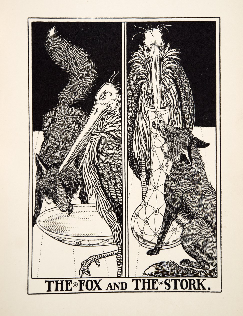 福克斯和鹳，来自A Hundred Fables of Aesop，pub.1903 作者 珀西·比林斯赫斯特（Percy J.