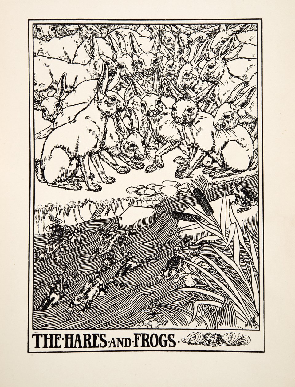 The Hares and Frogs，来自A Andred寓言的Aesop，pub.1903 作者 珀西·比林斯赫斯特（Percy J.