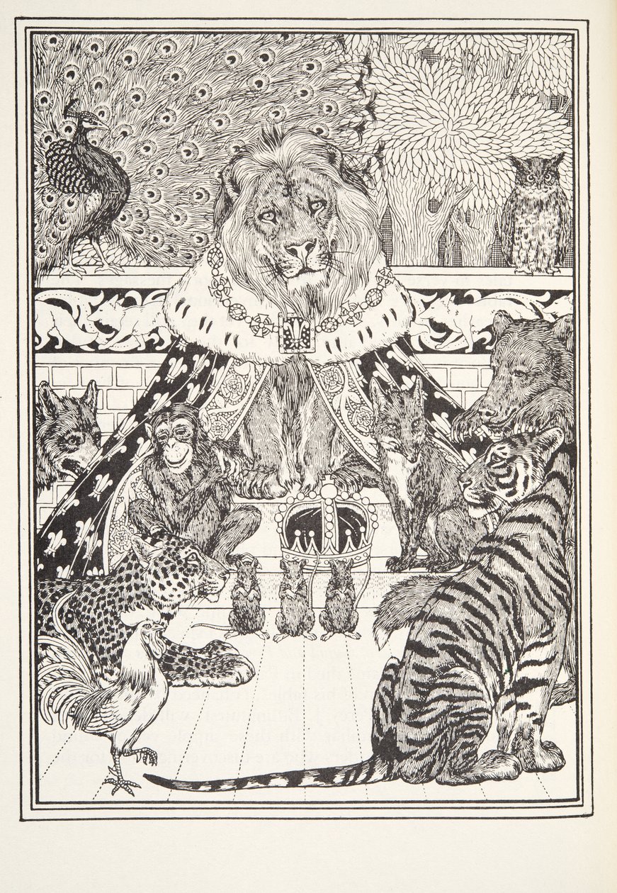 狮子和他的同事，Frontispiece，来自Fontaine Fables，酒吧。 1905年 作者 珀西·比林斯赫斯特（Percy J.