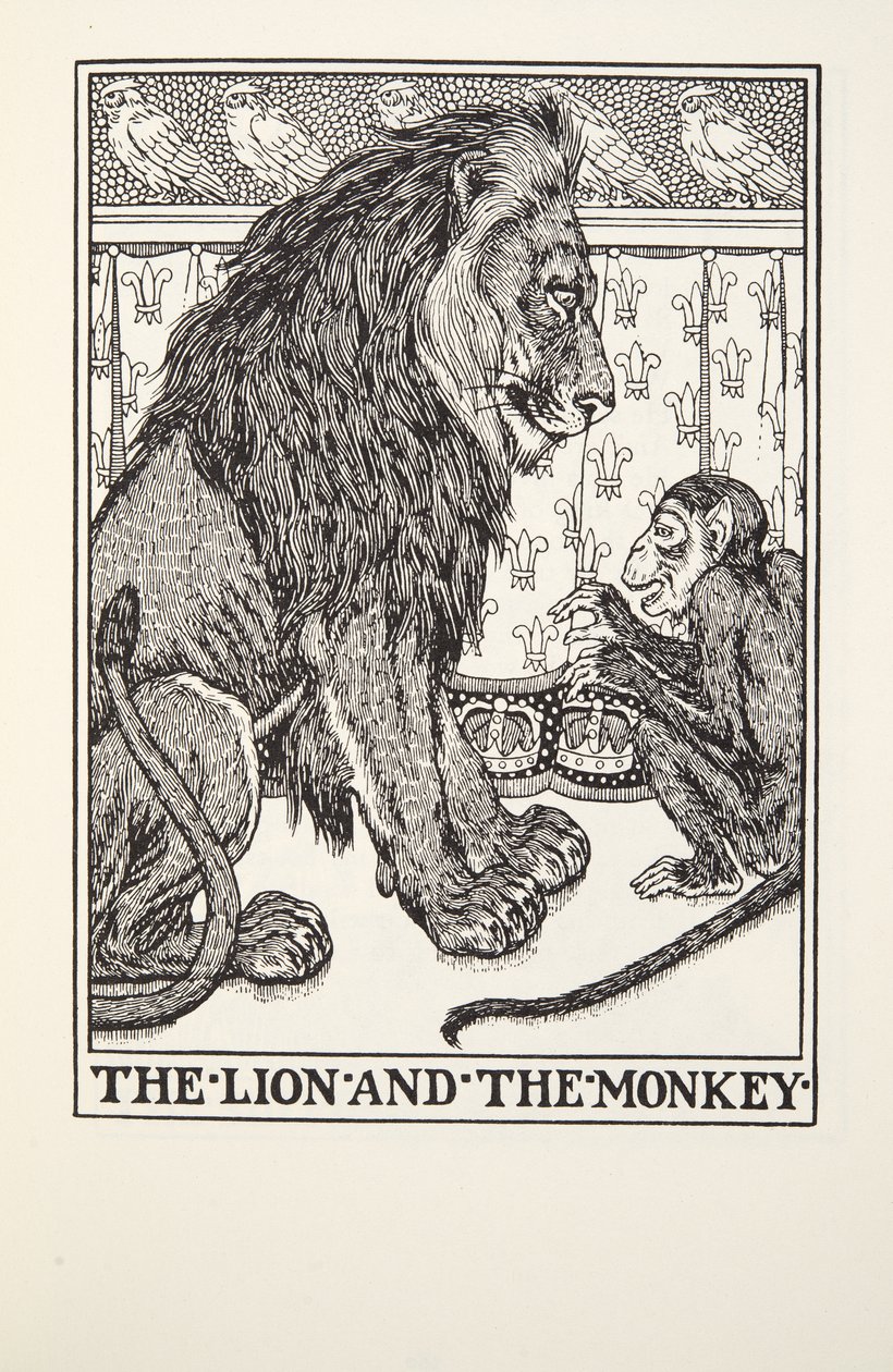 狮子和猴子，来自Fontaine Fables，酒吧。 1905年 作者 珀西·比林斯赫斯特（Percy J.