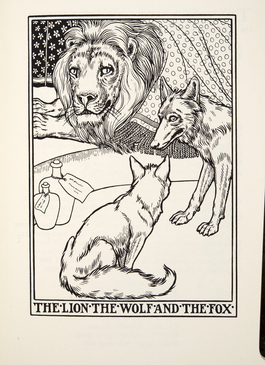 狮子，狼和狐狸，来自Fontaine Fables，酒吧。 1905年 作者 珀西·比林斯赫斯特（Percy J.