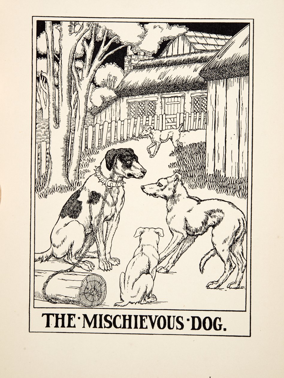 恶作剧的狗，出自《伊索的一百个寓言》，1903年出版（雕刻）。 作者 珀西·比林斯赫斯特（Percy J.