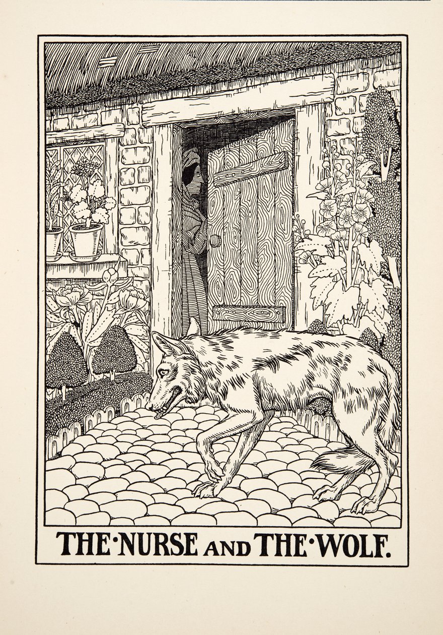 护士与狼，来自阿索普的一百个寓言，pub.1903 作者 珀西·比林斯赫斯特（Percy J.