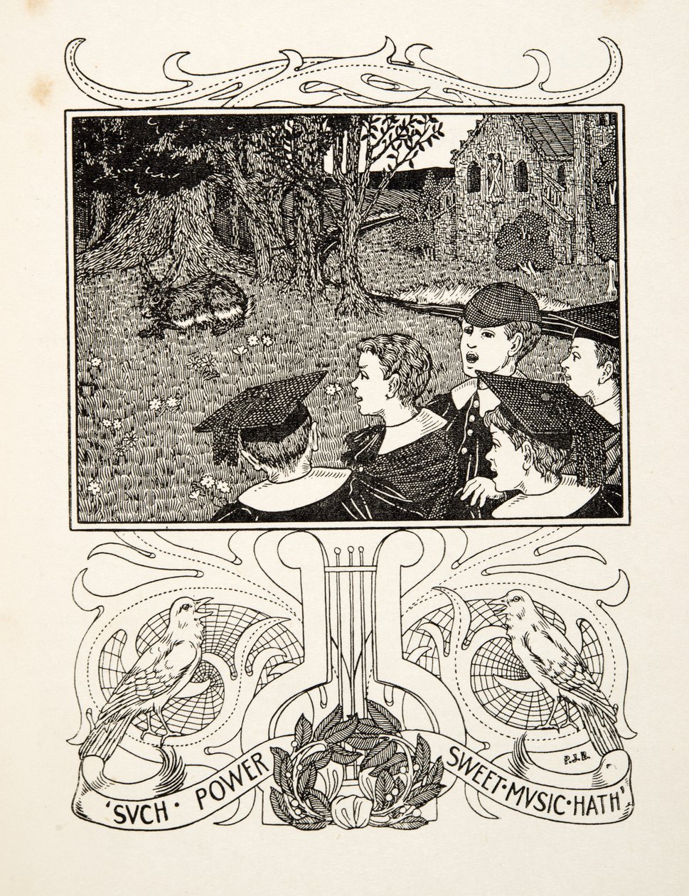 音乐的力量，选自《一百个动物轶事》，出版。1924年（雕版画 作者 珀西·比林斯赫斯特（Percy J.