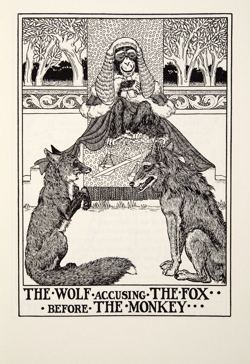 在Fontaine Fables酒吧里，狼在猴子面前指责狐狸。 1905年 作者 珀西·比林斯赫斯特（Percy J.